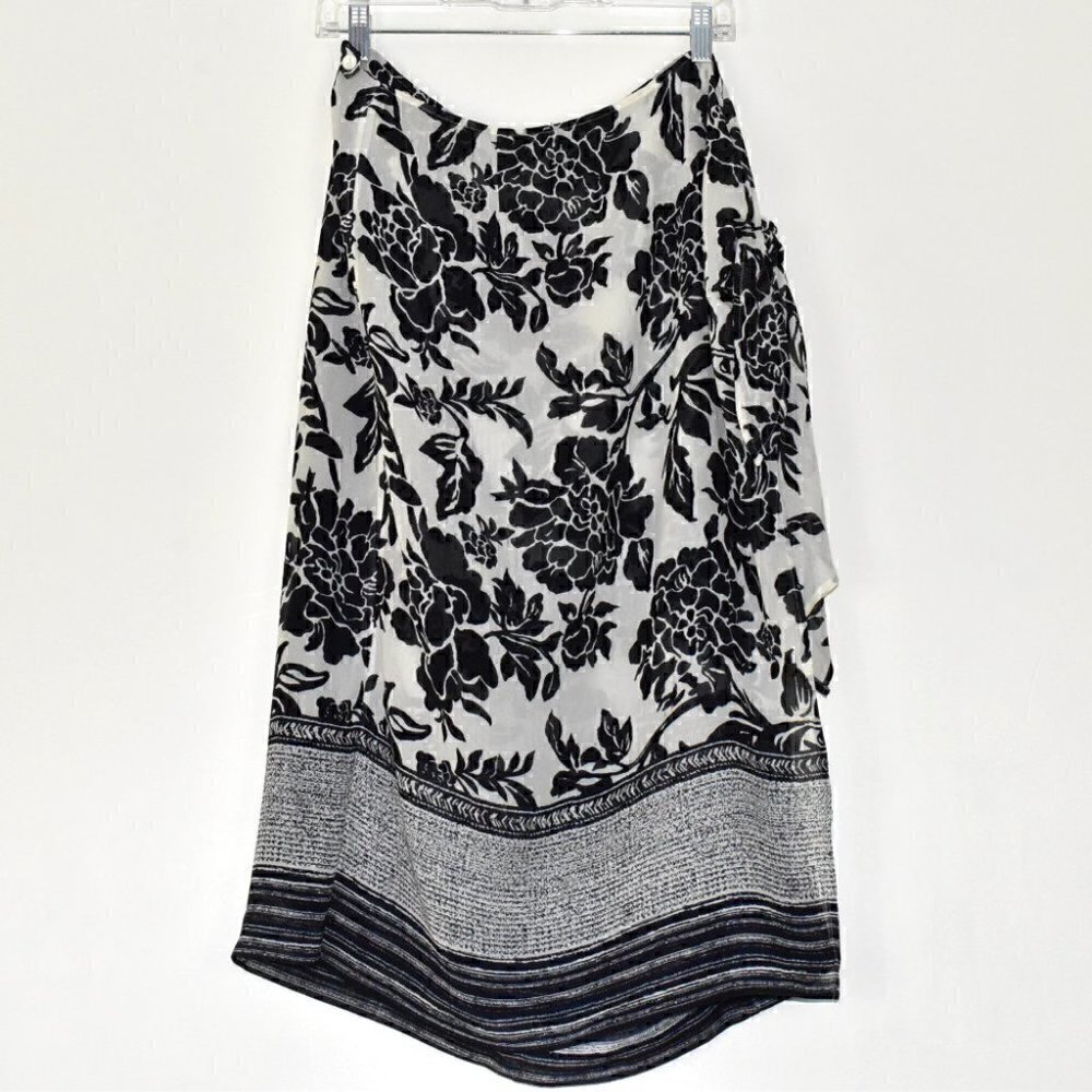 Talbots Petites All Season Silk Wool Overlay Navy Blue Cream Midi Skirt Size 14